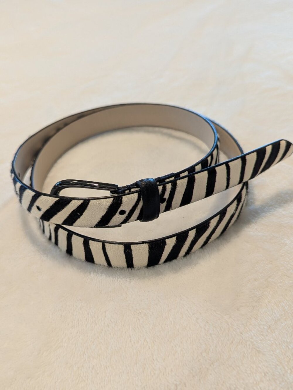 CABI Zebra Pattern Calf Hair Leather Belt Medium Cream & Black 0.75" Wide EUC